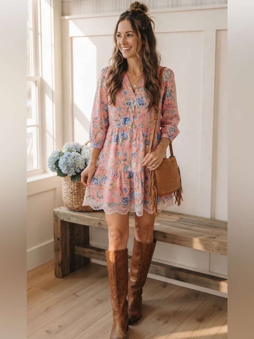 LOFT Pink‎ Floral Mini Dress with Blue and Green Accents Size 0 Cottagecore